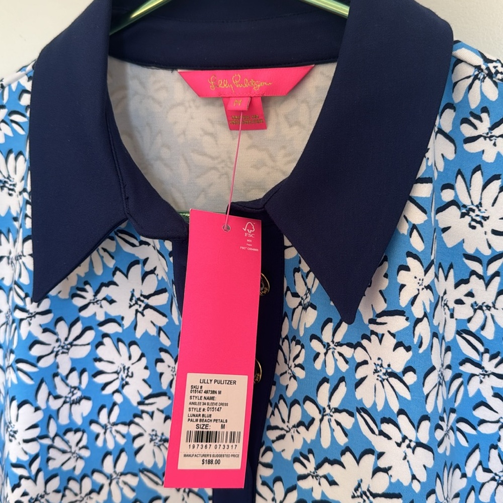 *NEW* LILLY PULITZER AINSLEE 3/4 SLEEVE POLO MINI DRESS BLUE FLORAL PRINT MEDIUM - Picture 3 of 7